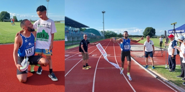 Il vittorioso arrivo di Elmostafa Kohli che poi festeggia con il figlio Ayoub