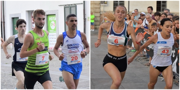 A sinistra, una fase della gara maschile con i protagonisti Giudici e Belghiti (poco dietro Astolfi),, a destra la bellissima volata della gara femminile con Coppa e Durante