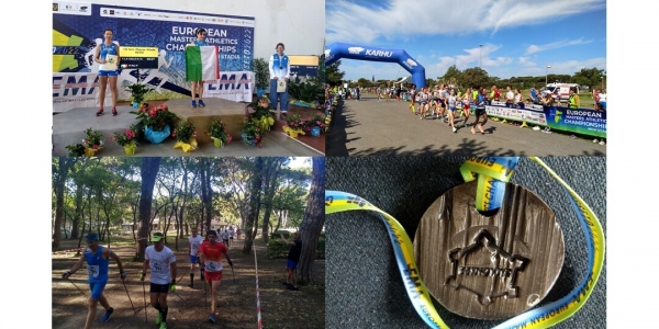 In senso orario: premiazioni 10km marcia femminile, la gara 5km femminile, la medaglia ricordo e il Nordic Walking maschile .