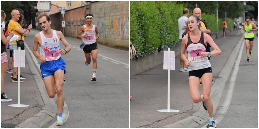 a sinistra, il momento dell&#039;attacco di Luca Alfieri, a destra il passaggio al km 5 della vincitrice Emily Vucemillo