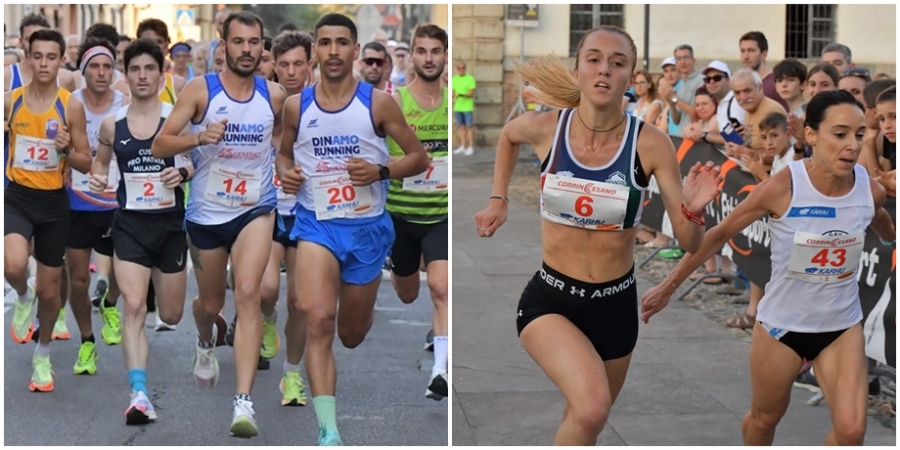 Mustafà Belghiti, pettorale numero 20,vincerà la gara; sulla destra l'emozionate arrivo di Nicole Coppa e Francesca Durante