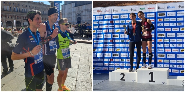 Il podio maschile della maratona, da sinistra  Danilo Brambilla, David Colga, Loris Mandelli; prima e seconda atleta nella 30 Km Benedetta Coliva e  Federica Cicognani