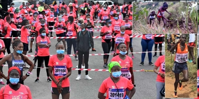 partenza con distanziamento, nelle altre foto: il vincitore della gara senior maschile, Patrick Kipngeno, e una fase della gara femminile